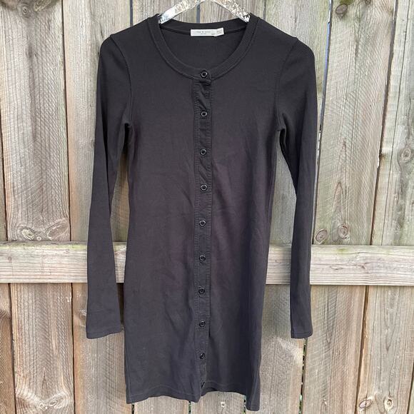 Rag and Bone Dress Ribbed Knit Button Front Long Sleeve Black Fitted‎ Classic XS - Picture 1 of 8